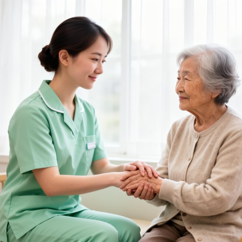 Compassionate nurse aide holding hands with elderly patient